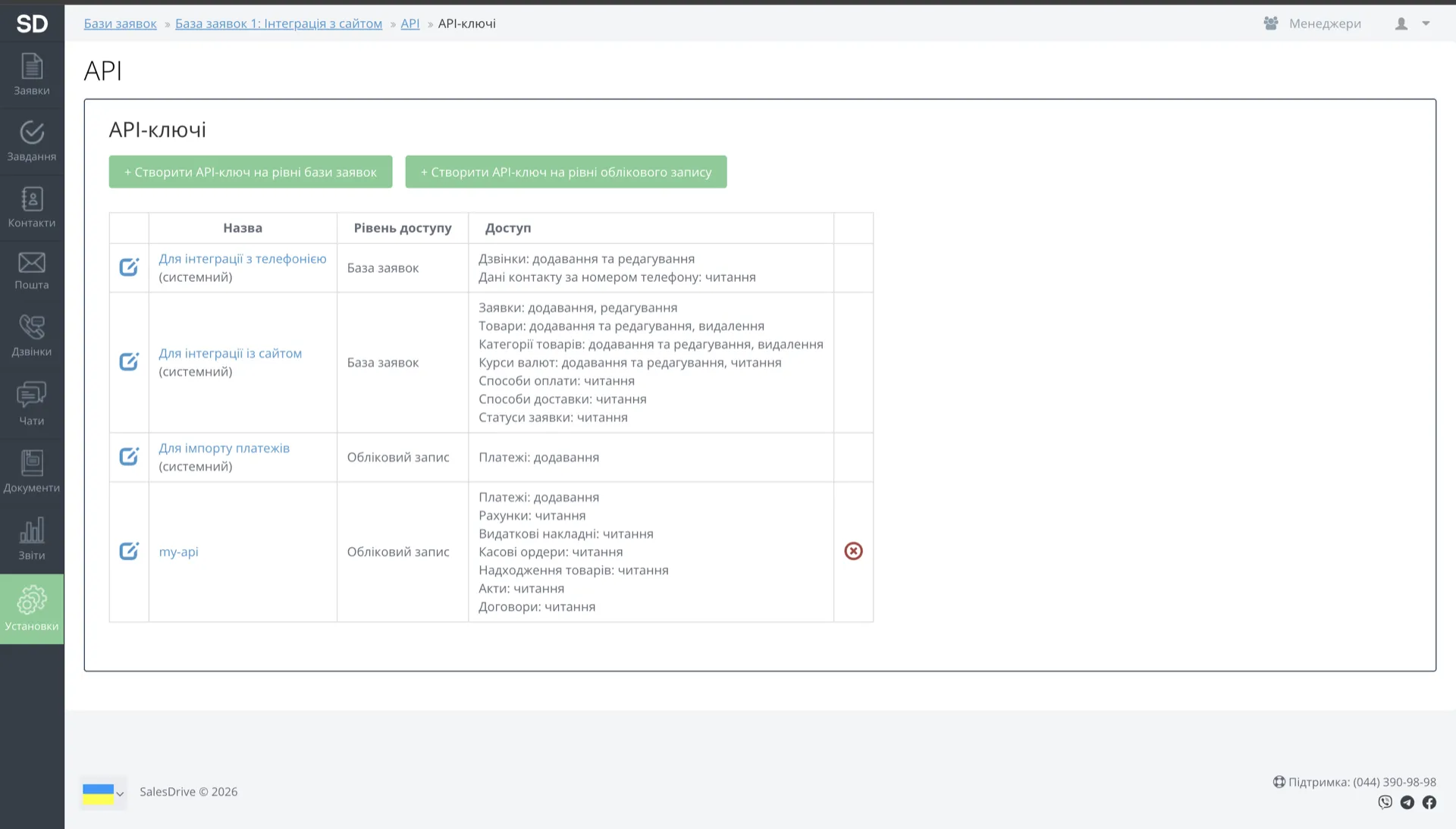 The SalesDrive API keys table — the row to copy is "For website integration (system)"