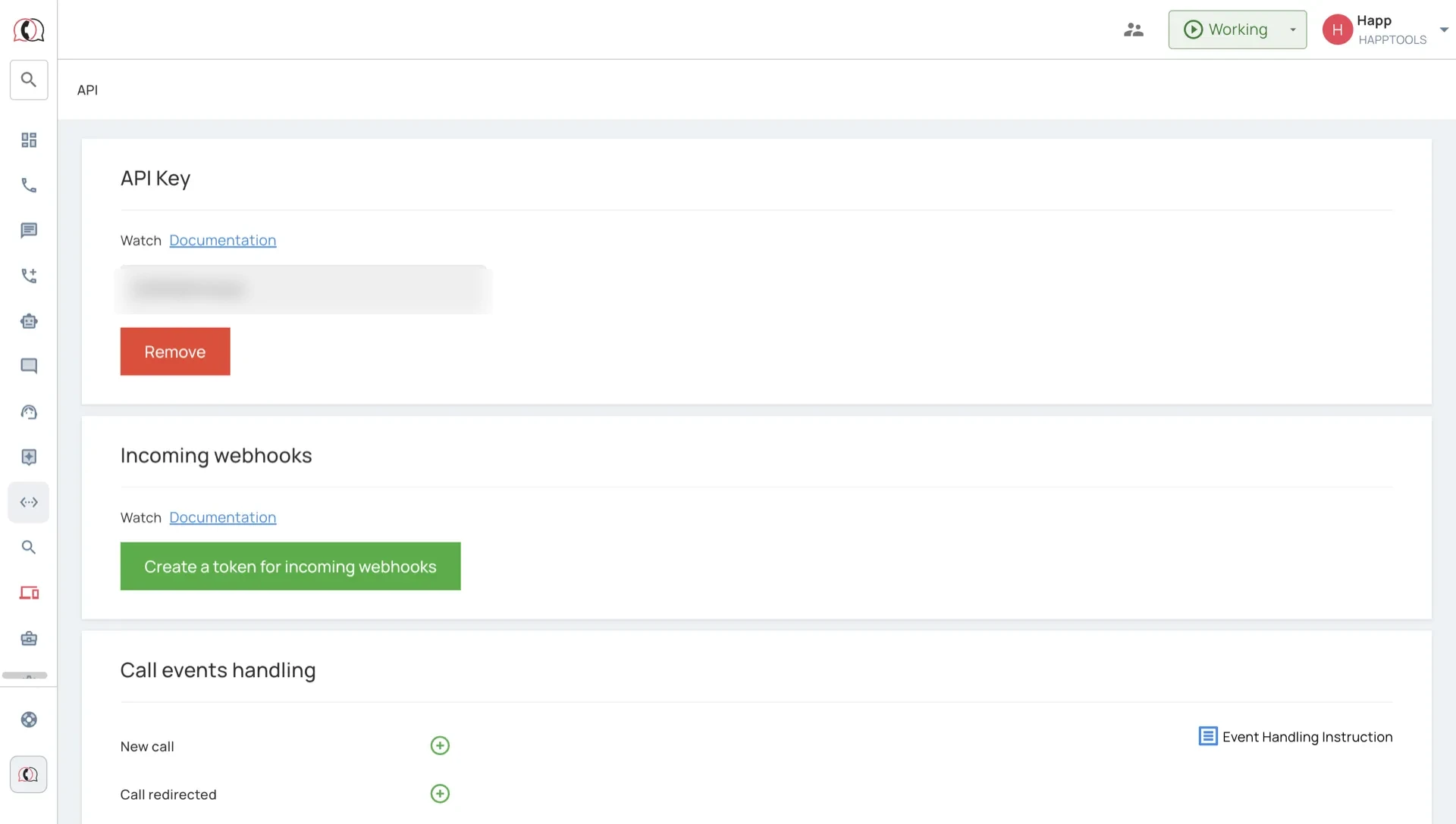 The UniTalk API page with the generated API key