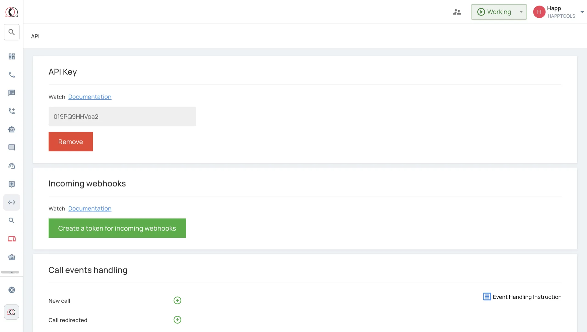 The UniTalk API page with the generated API key